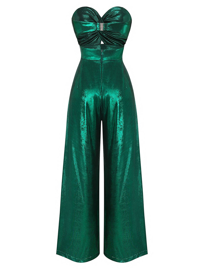 [Vorverkauf] Grün 1970er Geknotetes Hollow Glänzend Jumpsuit