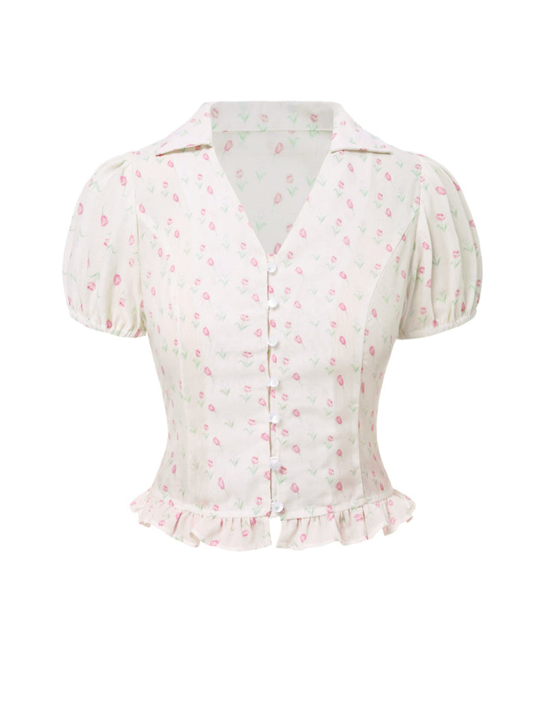 [Vorverkauf] Rosa 1940er Tulip V-Ausschnitt Revers Rüschen Bluse
