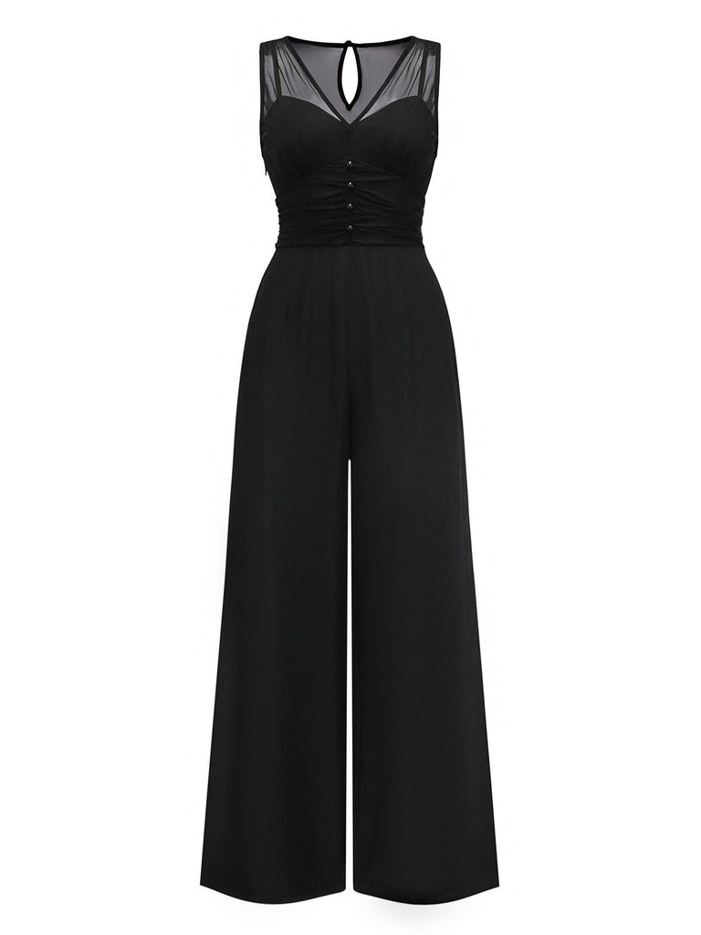 [Vorverkauf] Schwarz 1930er Netz Plissiertes Patchwork Jumpsuit