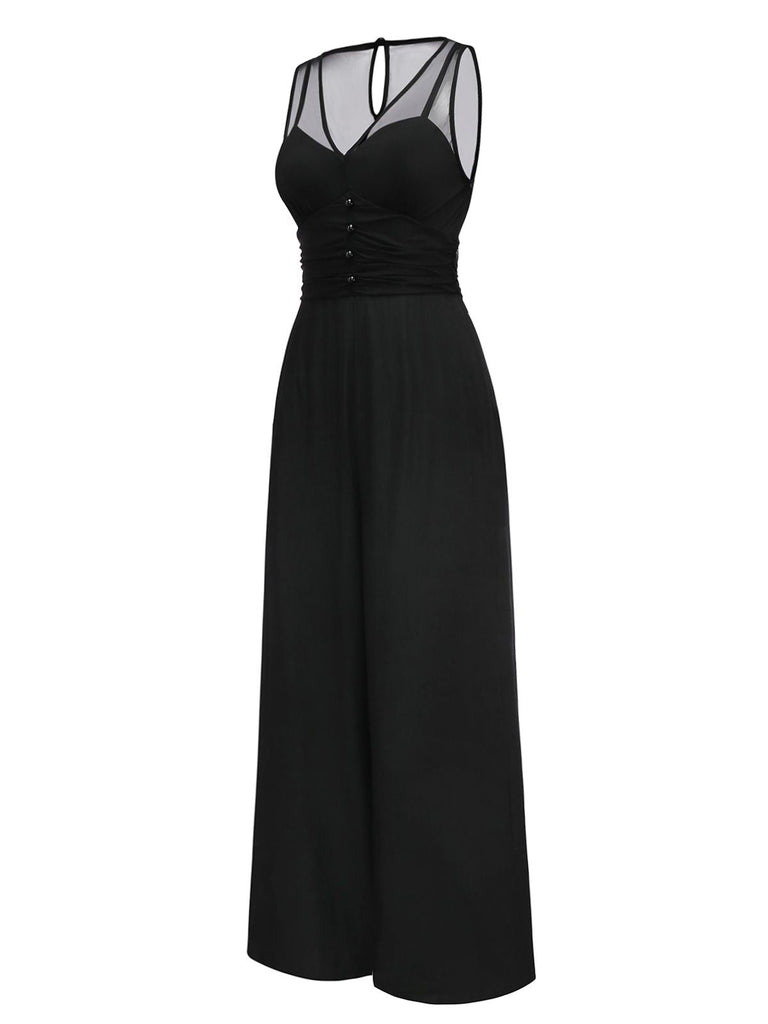 [Vorverkauf] Schwarz 1930er Netz Plissiertes Patchwork Jumpsuit