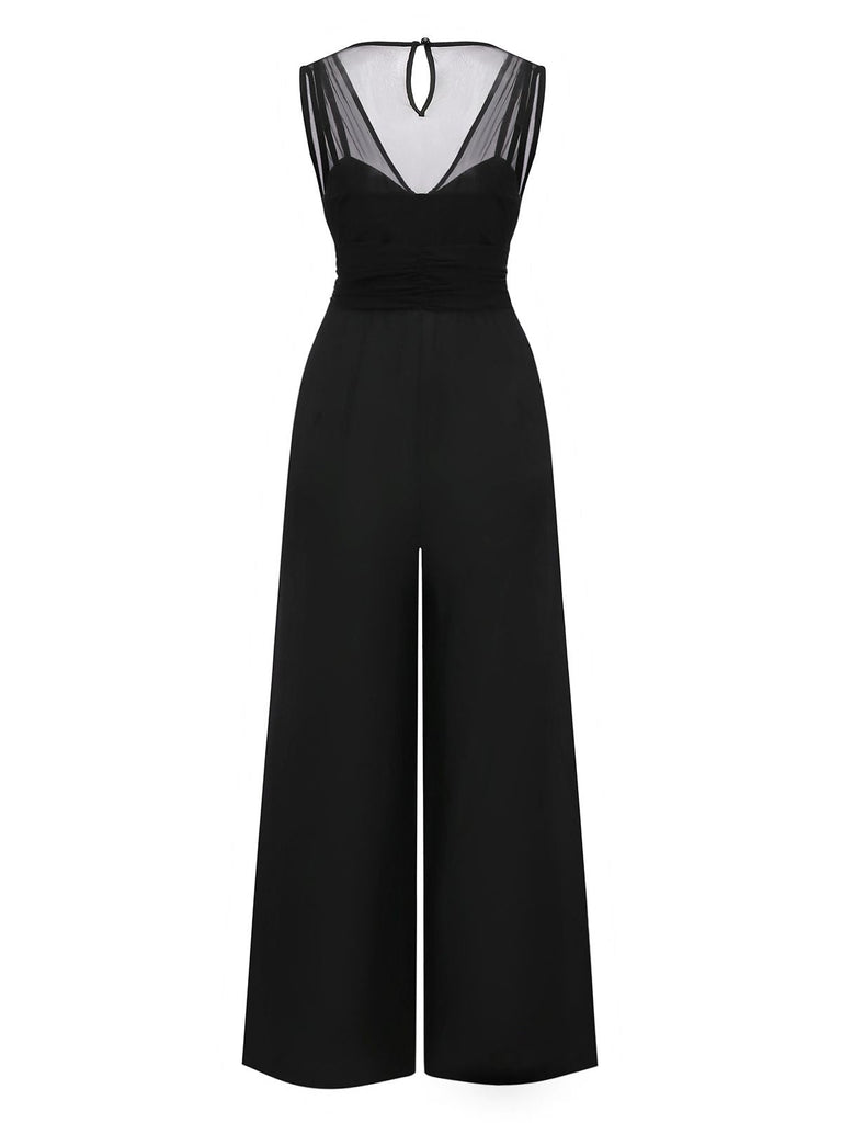 [Vorverkauf] Schwarz 1930er Netz Plissiertes Patchwork Jumpsuit