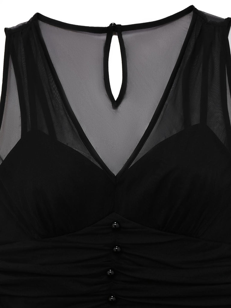 [Vorverkauf] Schwarz 1930er Netz Plissiertes Patchwork Jumpsuit