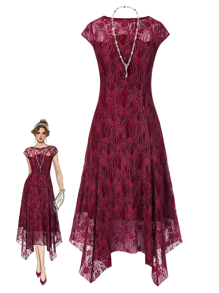 [Vorverkauf] Tiefrot 1920er Spitze Blumen Kleid Mit Halskette