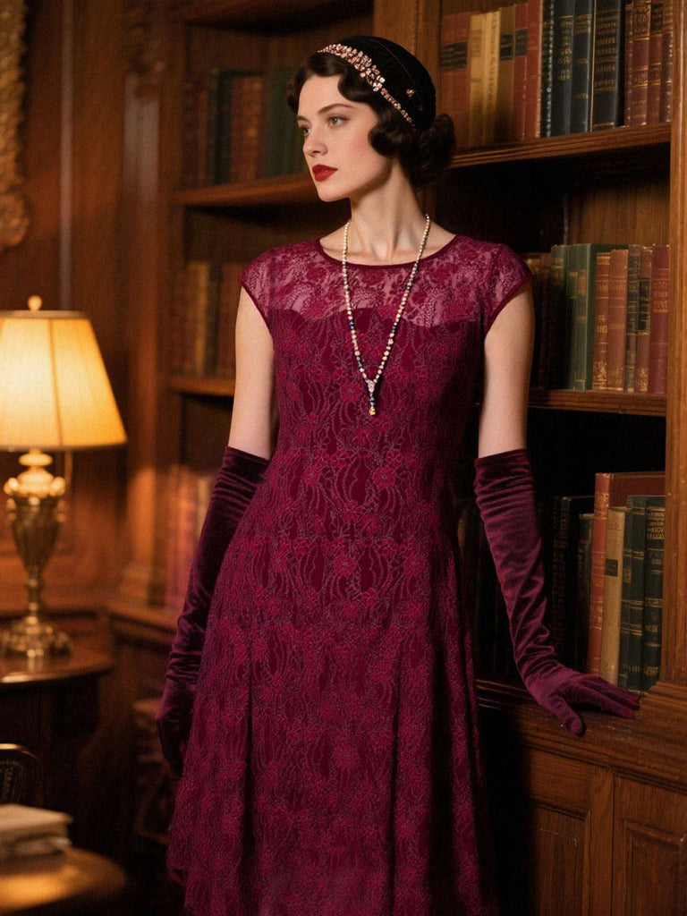 [Vorverkauf] Tiefrot 1920er Spitze Blumen Kleid Mit Halskette