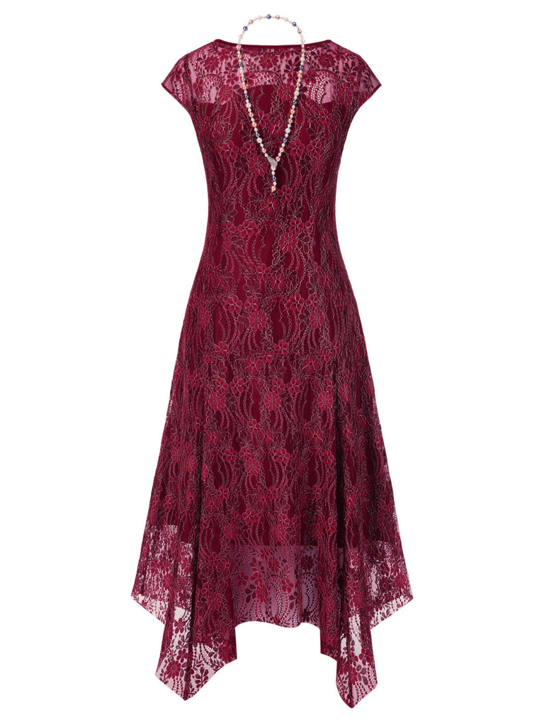 [Vorverkauf] Tiefrot 1920er Spitze Blumen Kleid Mit Halskette