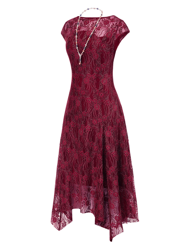 [Vorverkauf] Tiefrot 1920er Spitze Blumen Kleid Mit Halskette