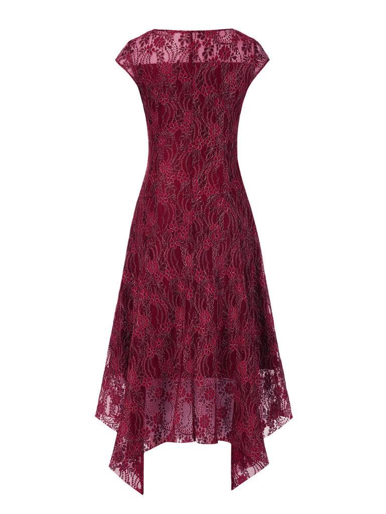 [Vorverkauf] Tiefrot 1920er Spitze Blumen Kleid Mit Halskette