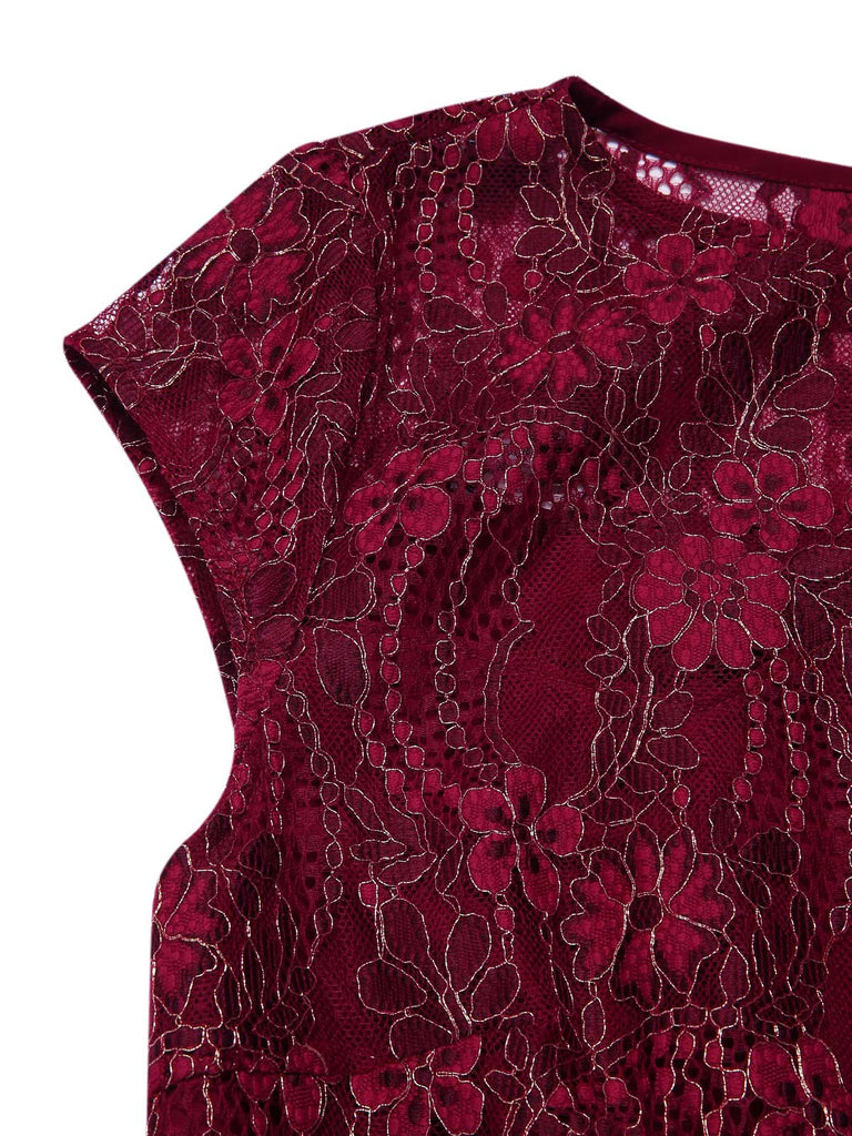 [Vorverkauf] Tiefrot 1920er Spitze Blumen Kleid Mit Halskette