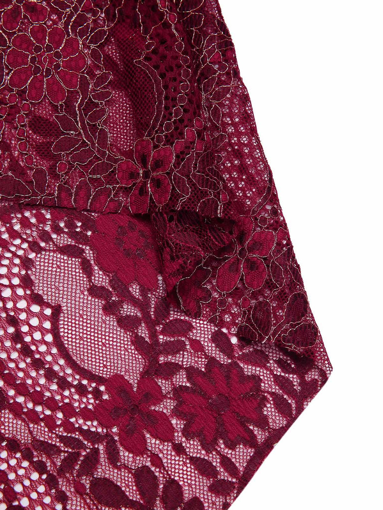 [Vorverkauf] Tiefrot 1920er Spitze Blumen Kleid Mit Halskette