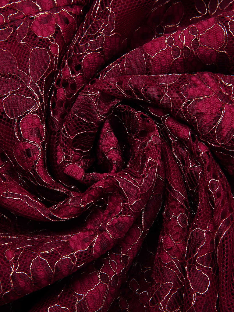 [Vorverkauf] Tiefrot 1920er Spitze Blumen Kleid Mit Halskette