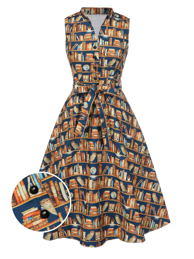 Multicolor 1950er Bücherregal Druck Stehkragen Kleid