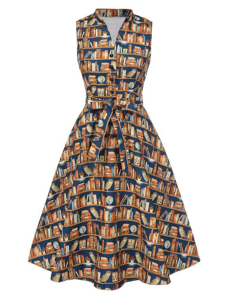 Multicolor 1950er Bücherregal Druck Stehkragen Kleid