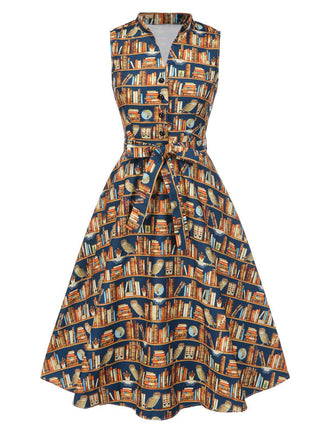 [Vorverkauf] Multicolor 1950er Bücherregal Druck Stehkragen Kleid