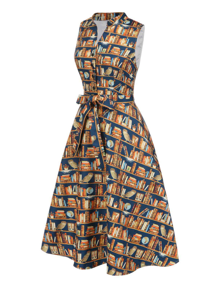 Multicolor 1950er Bücherregal Druck Stehkragen Kleid