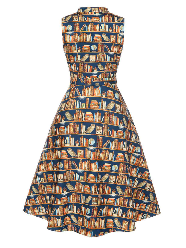 Multicolor 1950er Bücherregal Druck Stehkragen Kleid