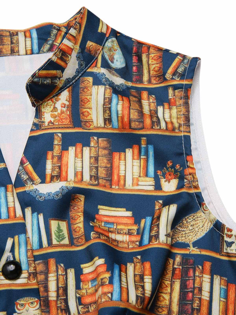 Multicolor 1950er Bücherregal Druck Stehkragen Kleid