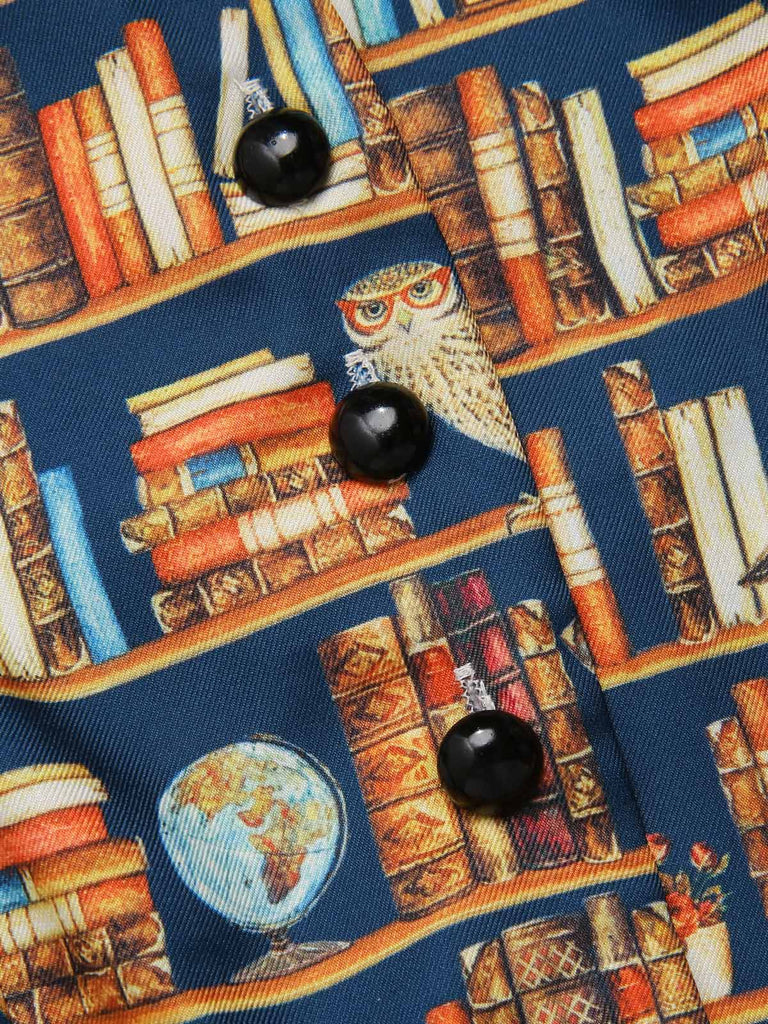 Multicolor 1950er Bücherregal Druck Stehkragen Kleid