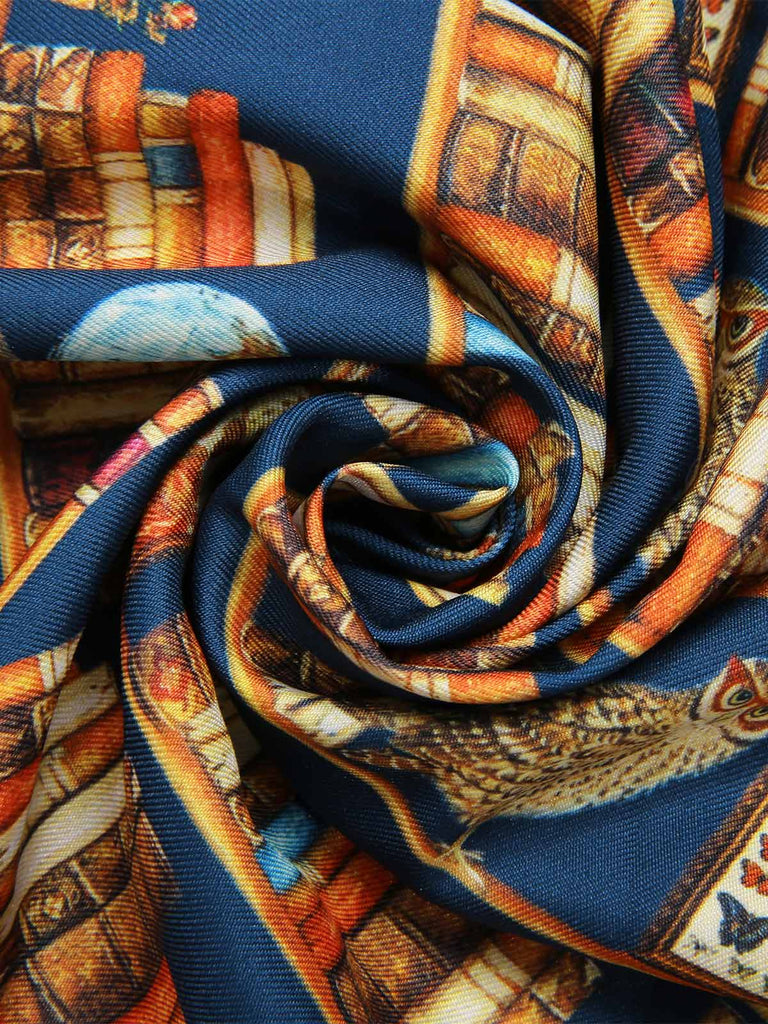 Multicolor 1950er Bücherregal Druck Stehkragen Kleid