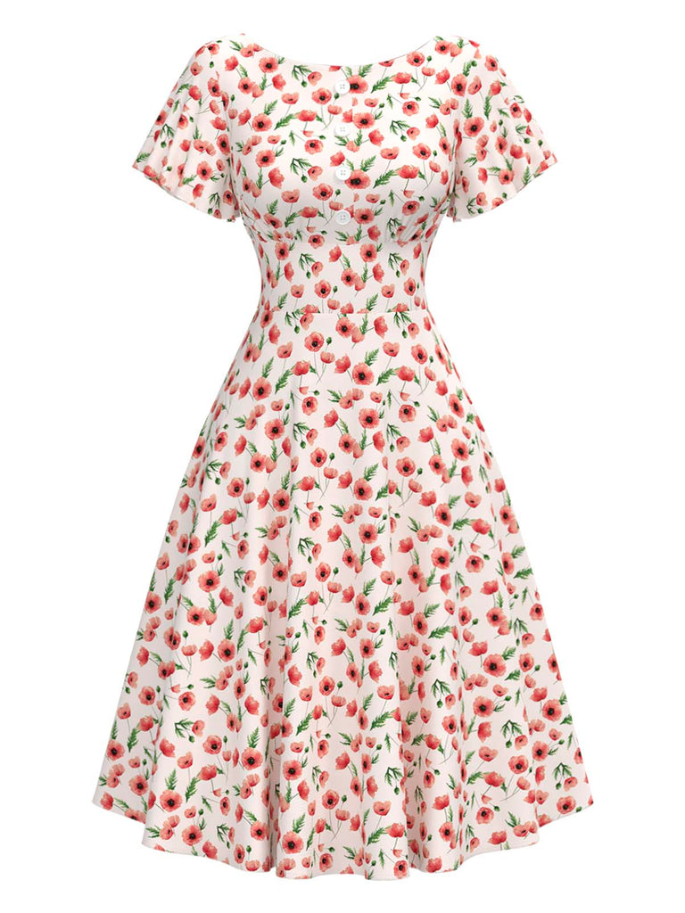 [Vorverkauf] Rot 1940er Mohn Blumen Tasten Bootskragen Kleid