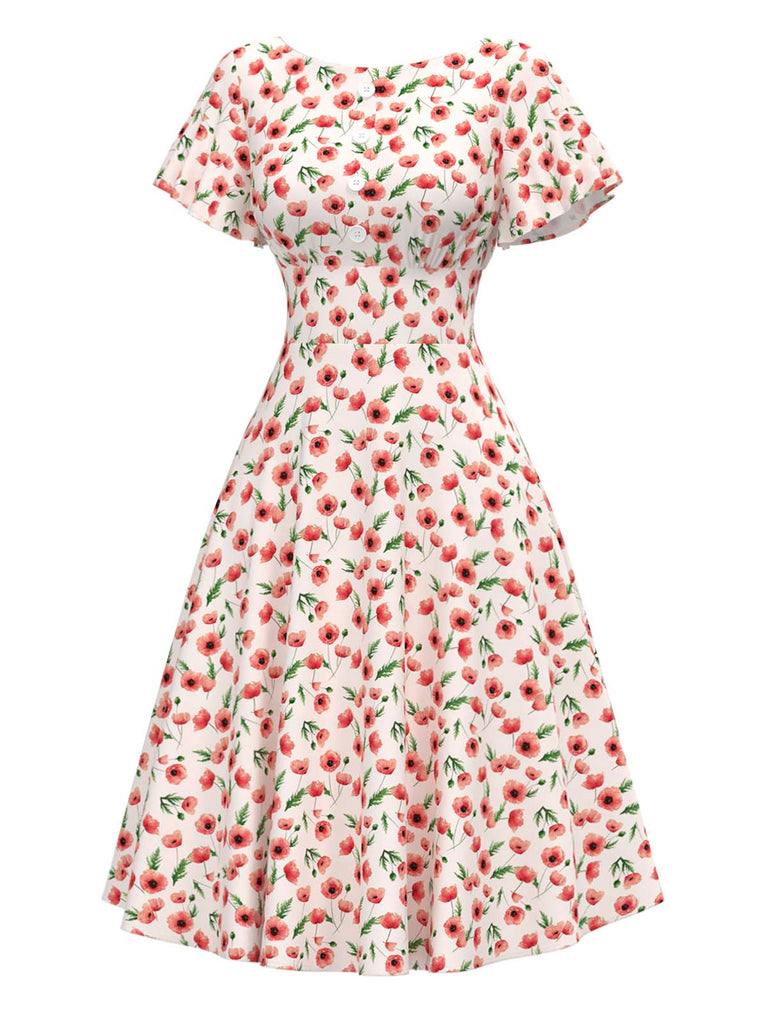[Vorverkauf] Rot 1940er Mohn Blumen Tasten Bootskragen Kleid