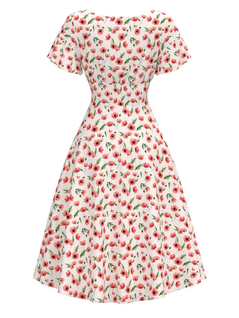 [Vorverkauf] Rot 1940er Mohn Blumen Tasten Bootskragen Kleid