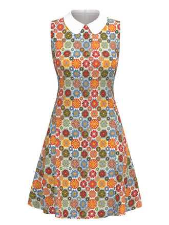 Orange 1960er Gänseblümchen Peter Pan Kragen Kleid