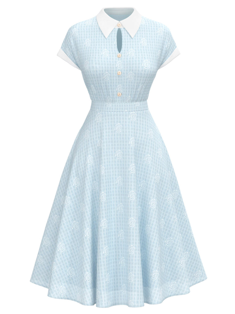 [Vorverkauf] Blau 1940er Revers Rose Tasten Stickerei Kleid