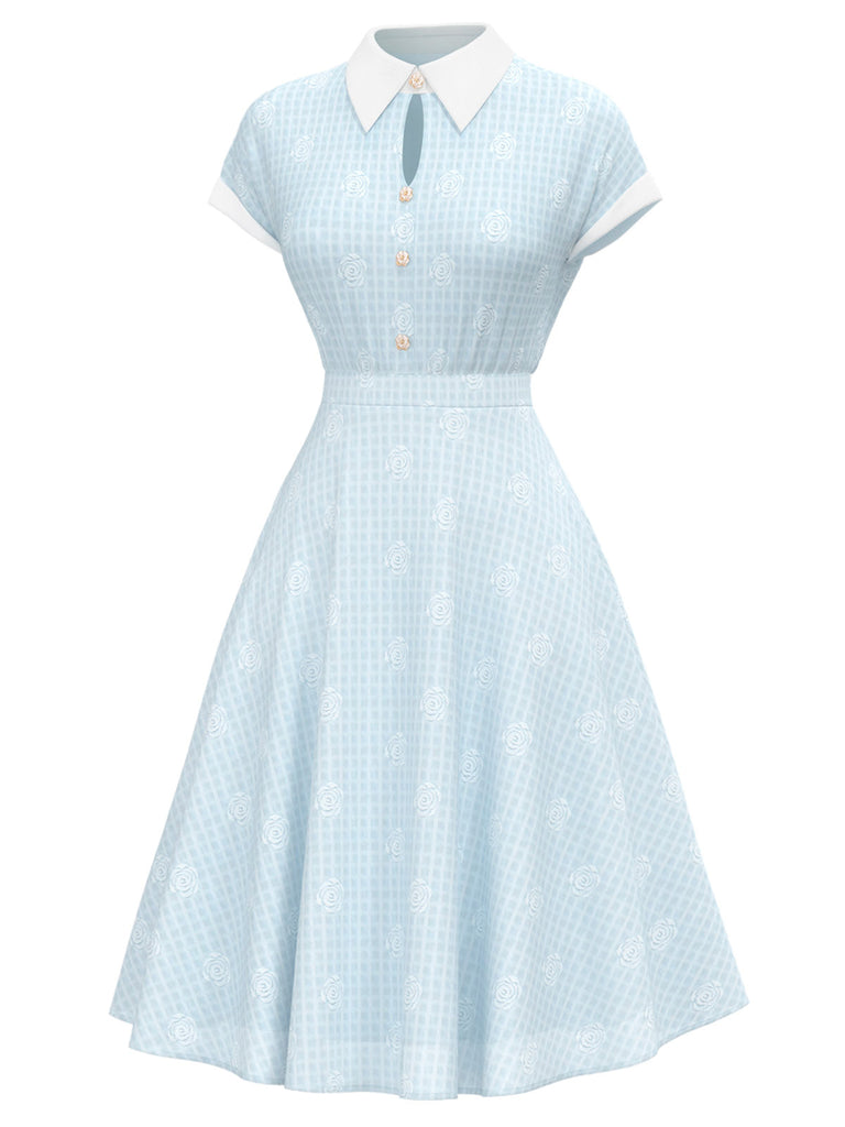 [Vorverkauf] Blau 1940er Revers Rose Tasten Stickerei Kleid