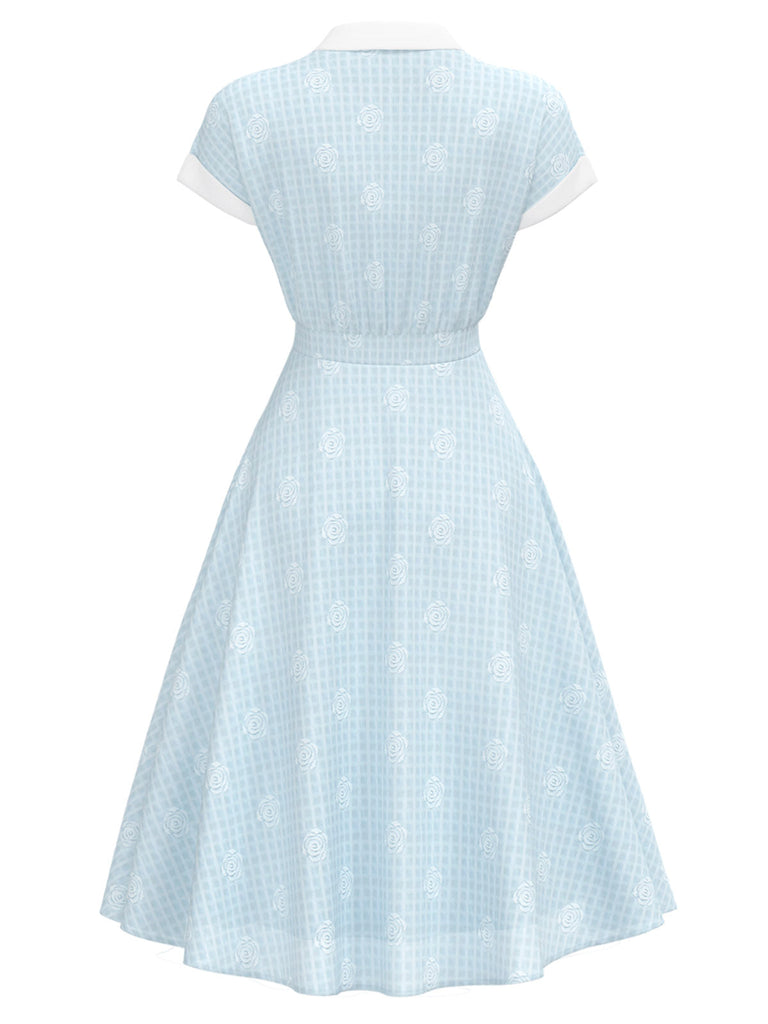 [Vorverkauf] Blau 1940er Revers Rose Tasten Stickerei Kleid