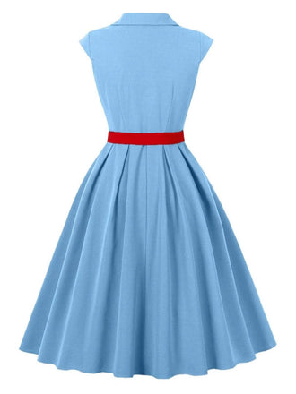 Blau 1950er Tasten Flügelärmel Revers Gürtel Kleid