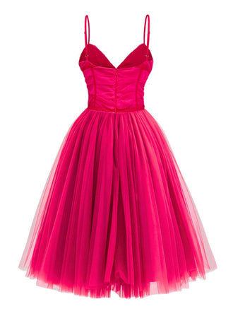 1950er Herzförmiger Hals Gerüschtes Netz Kleid