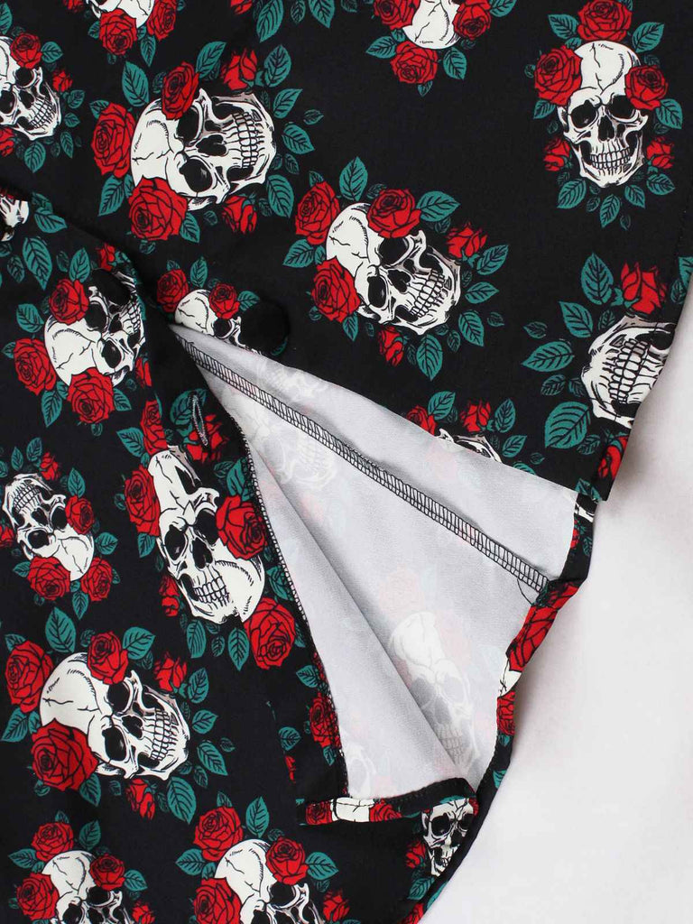 Schwarz 1950er Halloween Schädel Rosen Halter Kleid