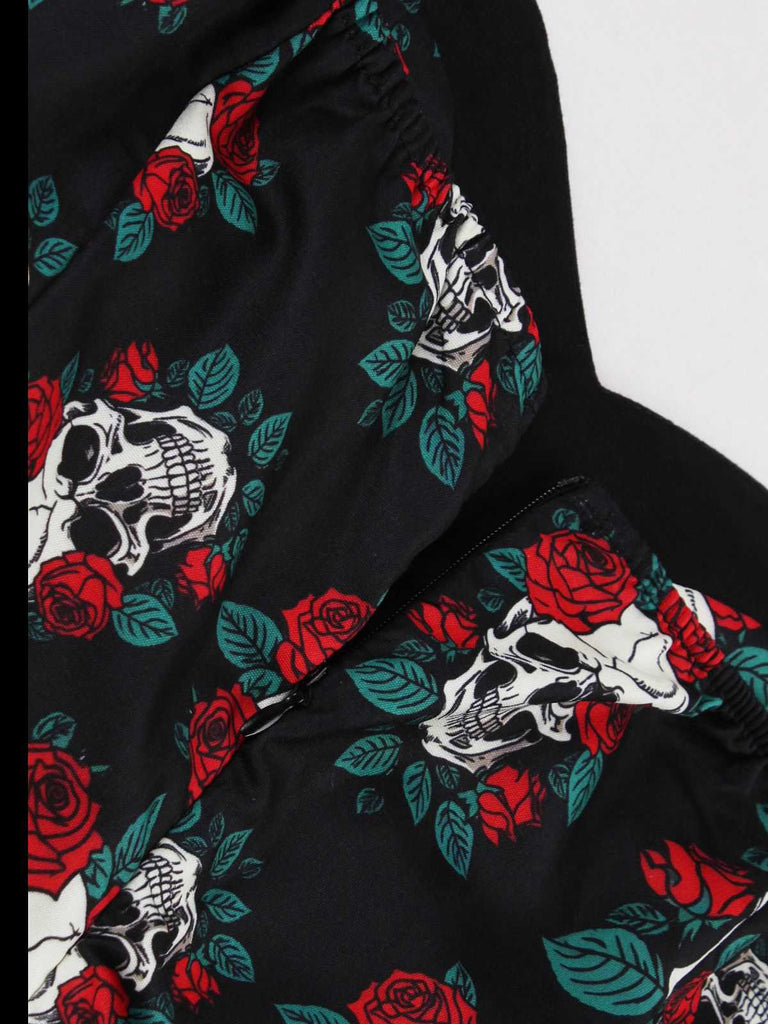 Schwarz 1950er Halloween Schädel Rosen Halter Kleid