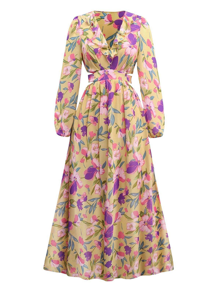 Gelb 1930er Blumen Rüschen Tief V-Ausschnitt Ausgeschnitten Kleid
