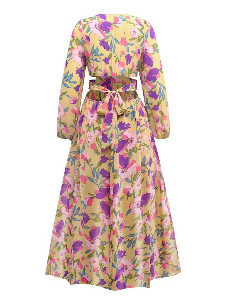 Gelb 1930er Blumen Rüschen Tief V-Ausschnitt Ausgeschnitten Kleid