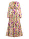 Gelb 1930er Blumen Rüschen Tief V-Ausschnitt Ausgeschnitten Kleid