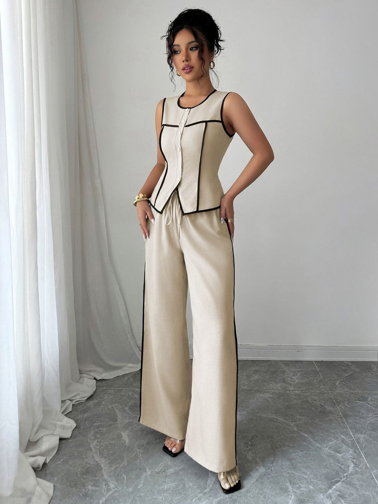2PCS Beige 1960er Bindung Ärmellos Weste & Hosen