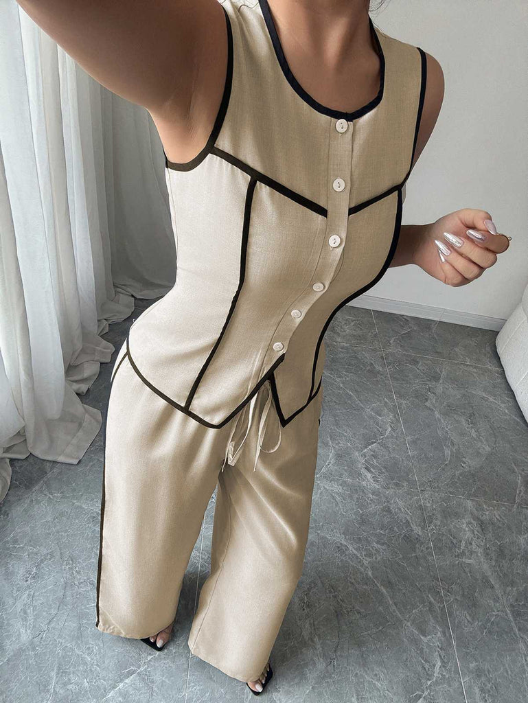 2PCS Beige 1960er Bindung Ärmellos Weste & Hosen