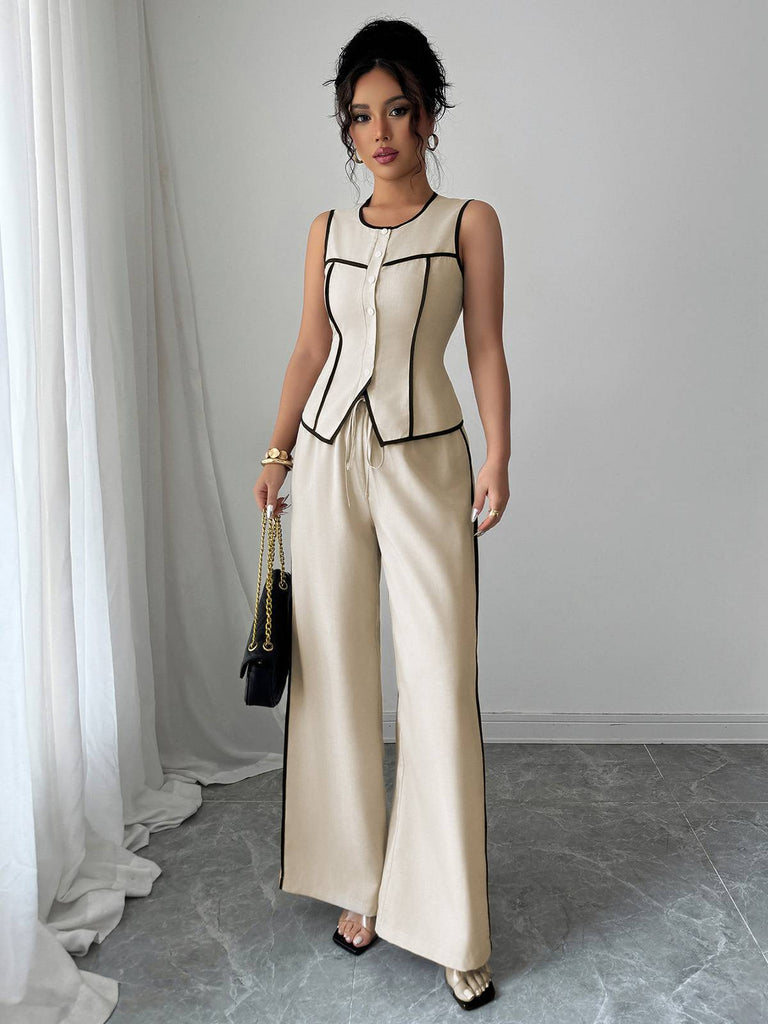 2PCS Beige 1960er Bindung Ärmellos Weste & Hosen