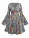 Multicolor 1970er Bohemien Paisley Blumen Glockenärmel Kleid