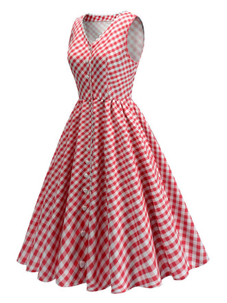 Rot 1950er V-Ausschnitt Gingham Plaid Kleid