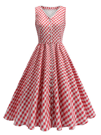 Rot 1950er V-Ausschnitt Gingham Plaid Kleid