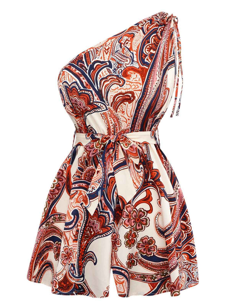 Rot 1970er Eine Schulter Bohemien Blumen Romper