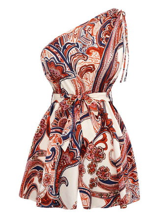 Rot 1970er Eine Schulter Bohemien Blumen Romper