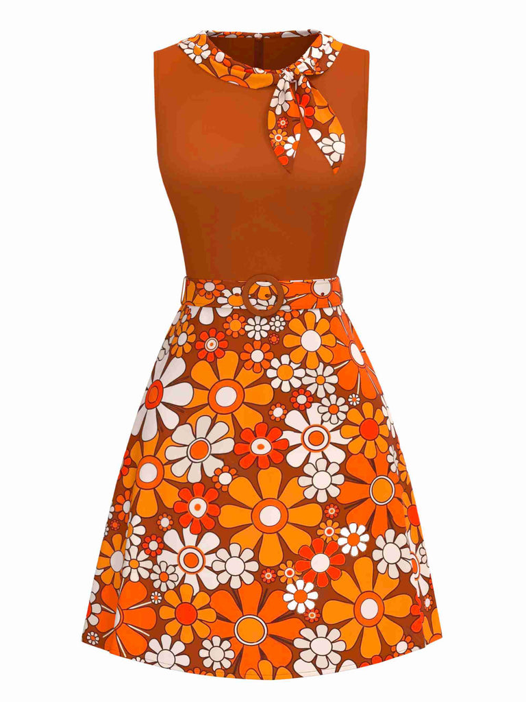 [Vorverkauf] Orange 1960er Boho Psychedelisch Blumen Gürtel Kleid