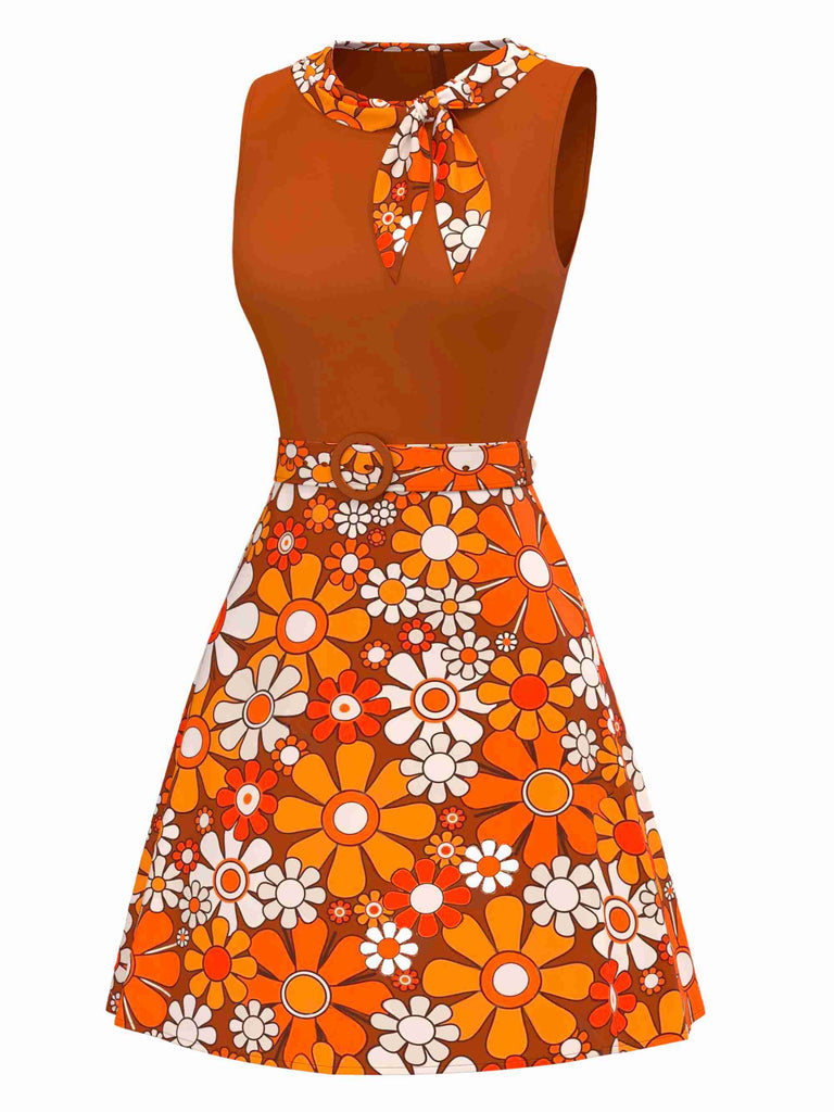 [Vorverkauf] Orange 1960er Boho Psychedelisch Blumen Gürtel Kleid