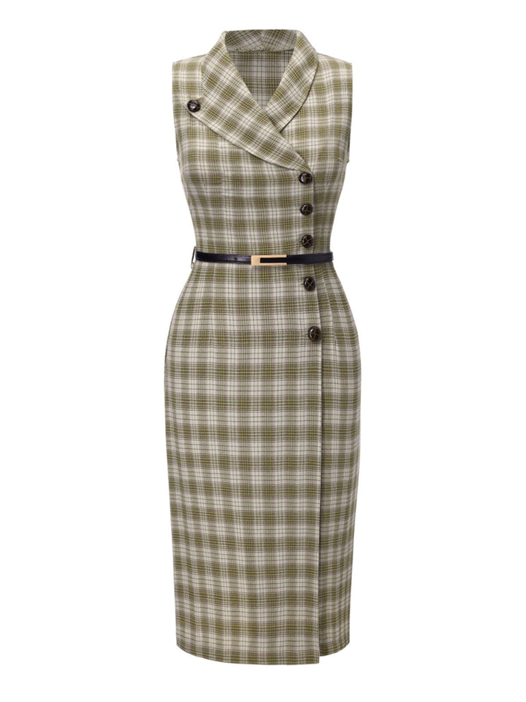 [Vorverkauf] Erbsengrün 1960er Revers Geknöpft Tartan Kleid