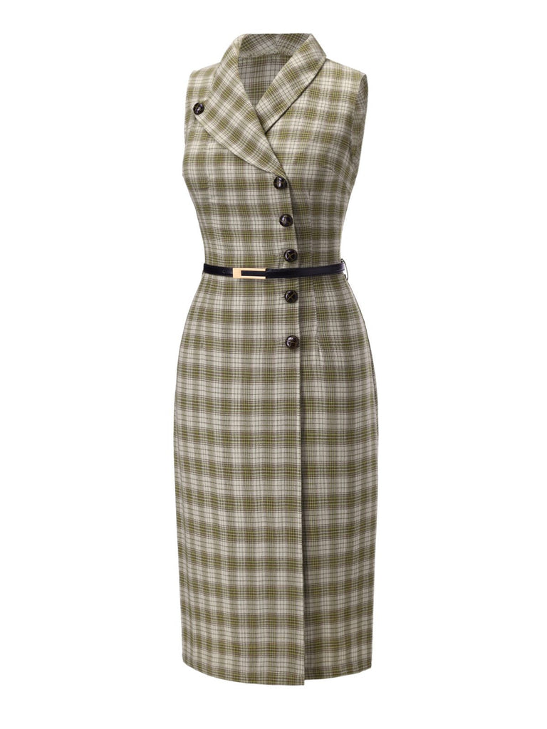 [Vorverkauf] Erbsengrün 1960er Revers Geknöpft Tartan Kleid