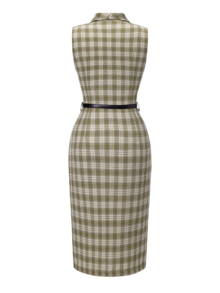 [Vorverkauf] Erbsengrün 1960er Revers Geknöpft Tartan Kleid