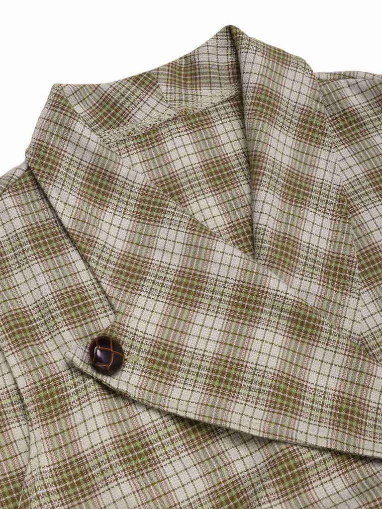 [Vorverkauf] Erbsengrün 1960er Revers Geknöpft Tartan Kleid